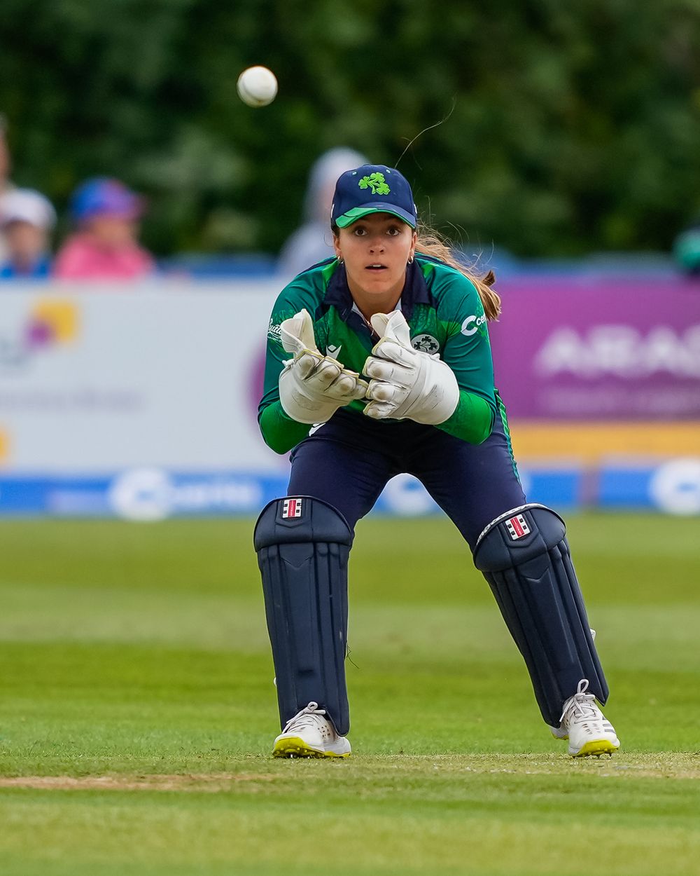 Ireland's Amy Hunter prepares to catch the ball in the T20I series v England Cricket Team in Clontarf, Dublin.