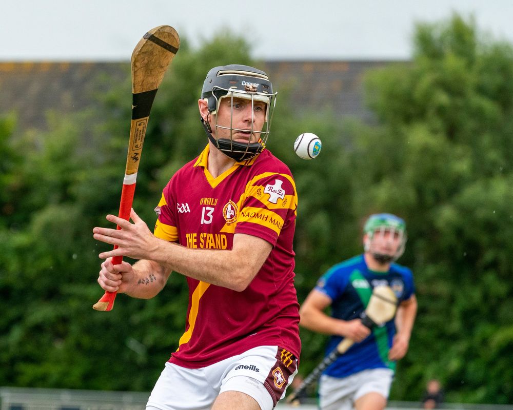 John Sheridan in action for Maurs against Sylvesters in their Intermediate Hurling C'ship match at Broomfield.