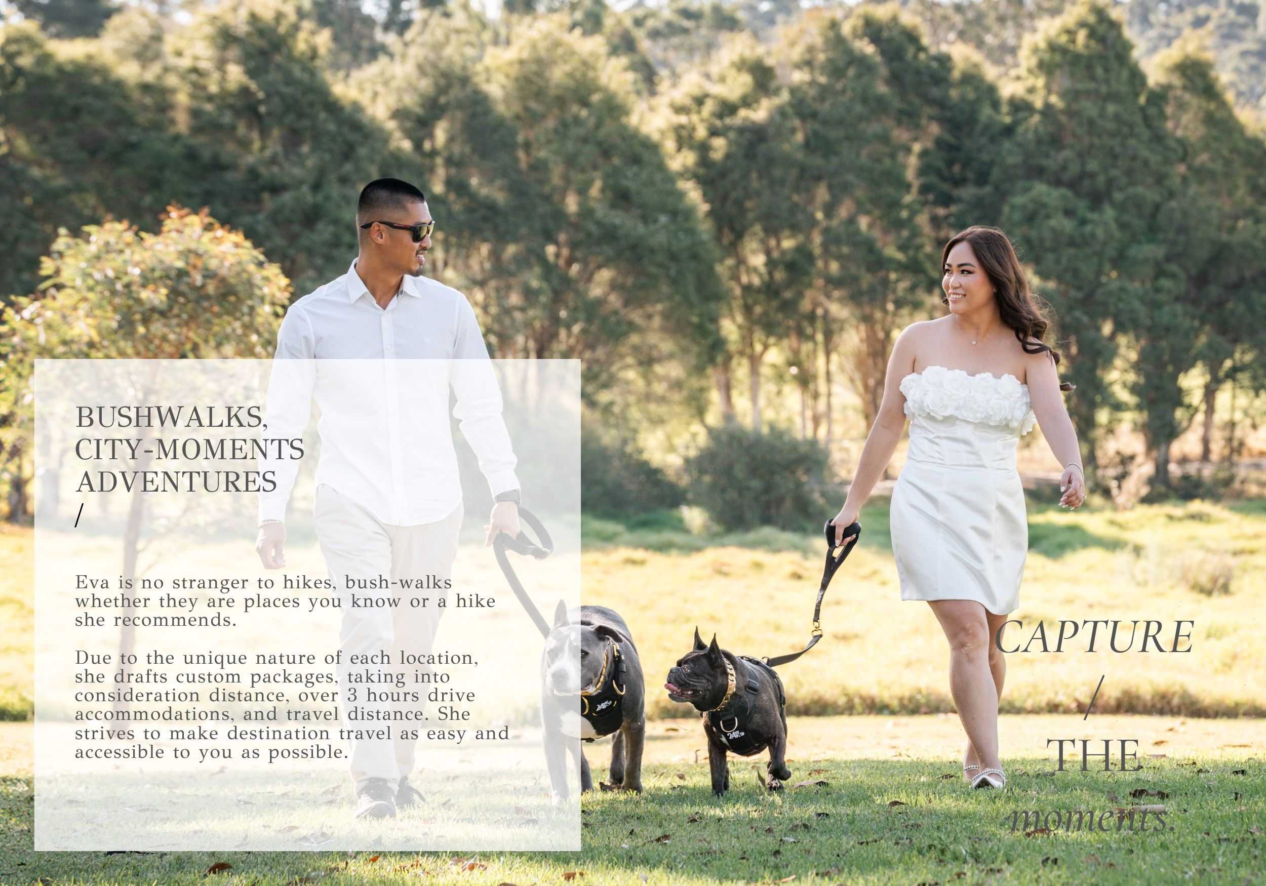 Couple walking dogs on nature trail with text overlay about photo adventures.