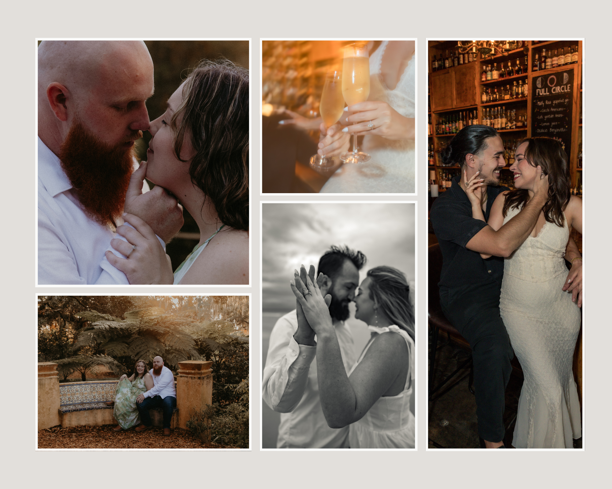 A romantic wedding photo collage featuring couples sharing intimate moments, kisses, and celebrations in various settings.