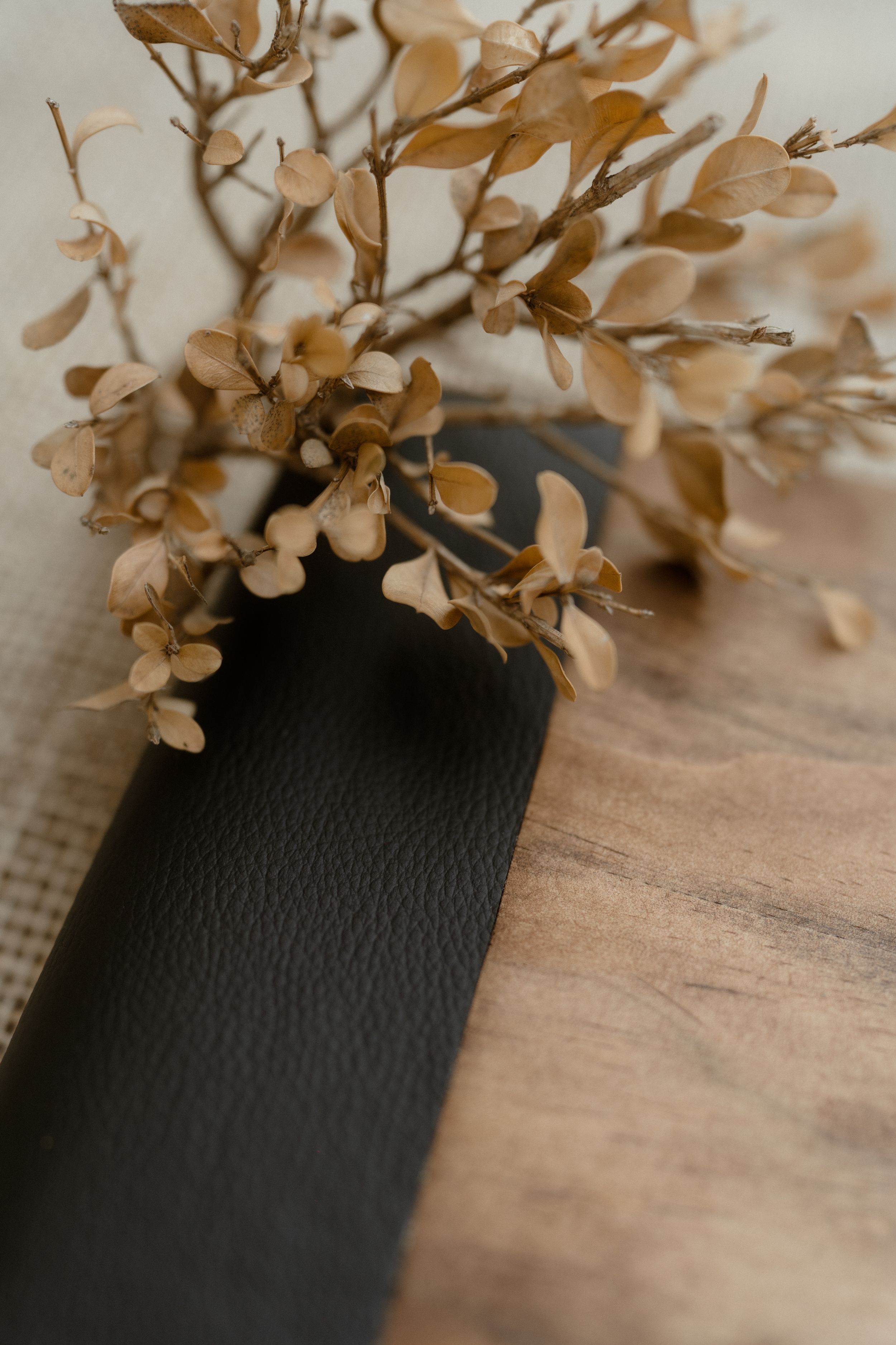 Dried brown leaves arranged in a decorative display against a dark leather surface on wooden background.
