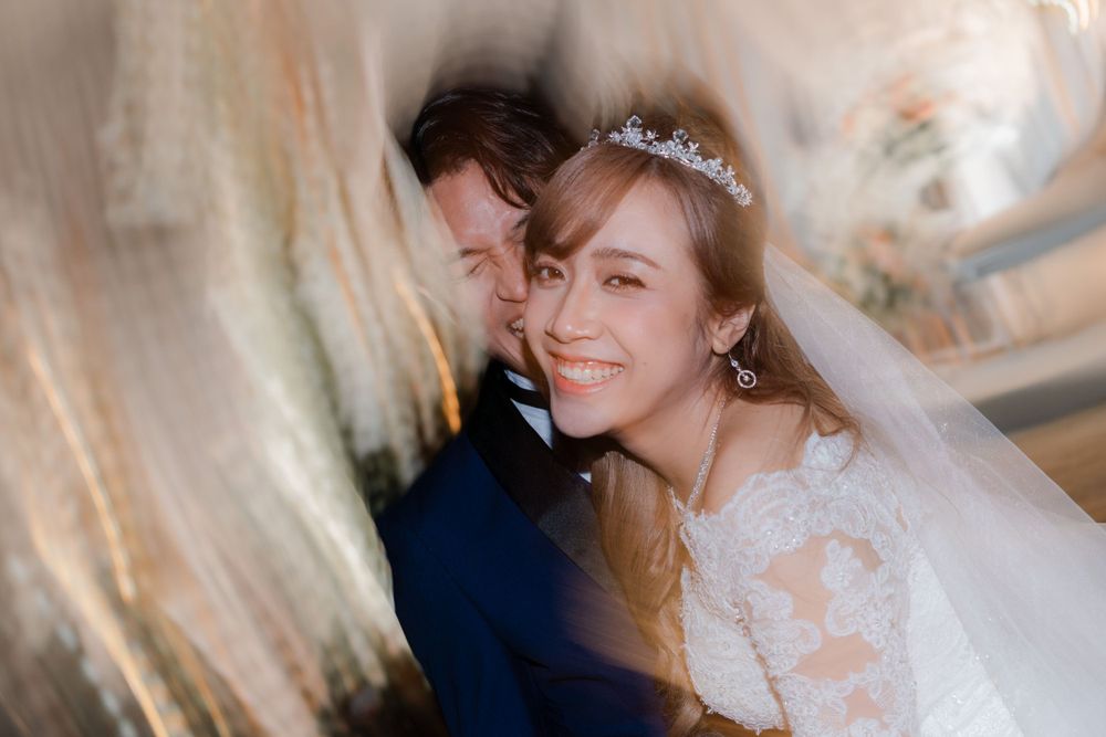 Dreamy wedding portrait with soft lighting and ethereal veil effects.