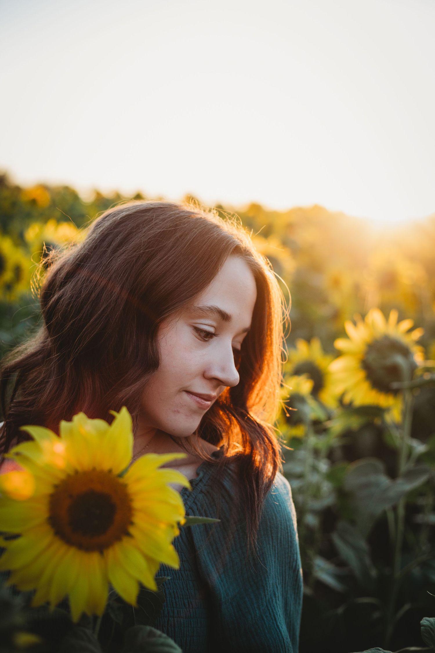 A woman in a teal sweater poses thoughtfully among blooming sunflowers at golden hour.
