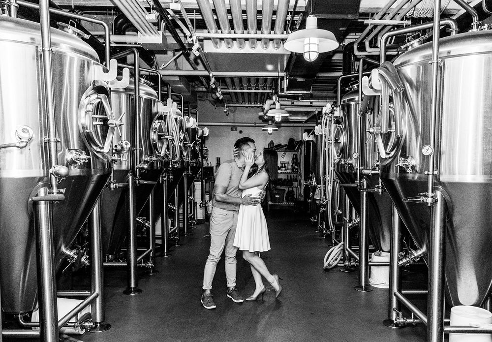 engaged, engagement photographer, engagement session, asian couple, asian bride, asian wedding, brewery photo session, city, couples session