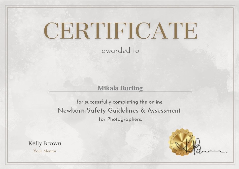 Certificate awarded for completing newborn safety guidelines and assessment with gold seal and signature.