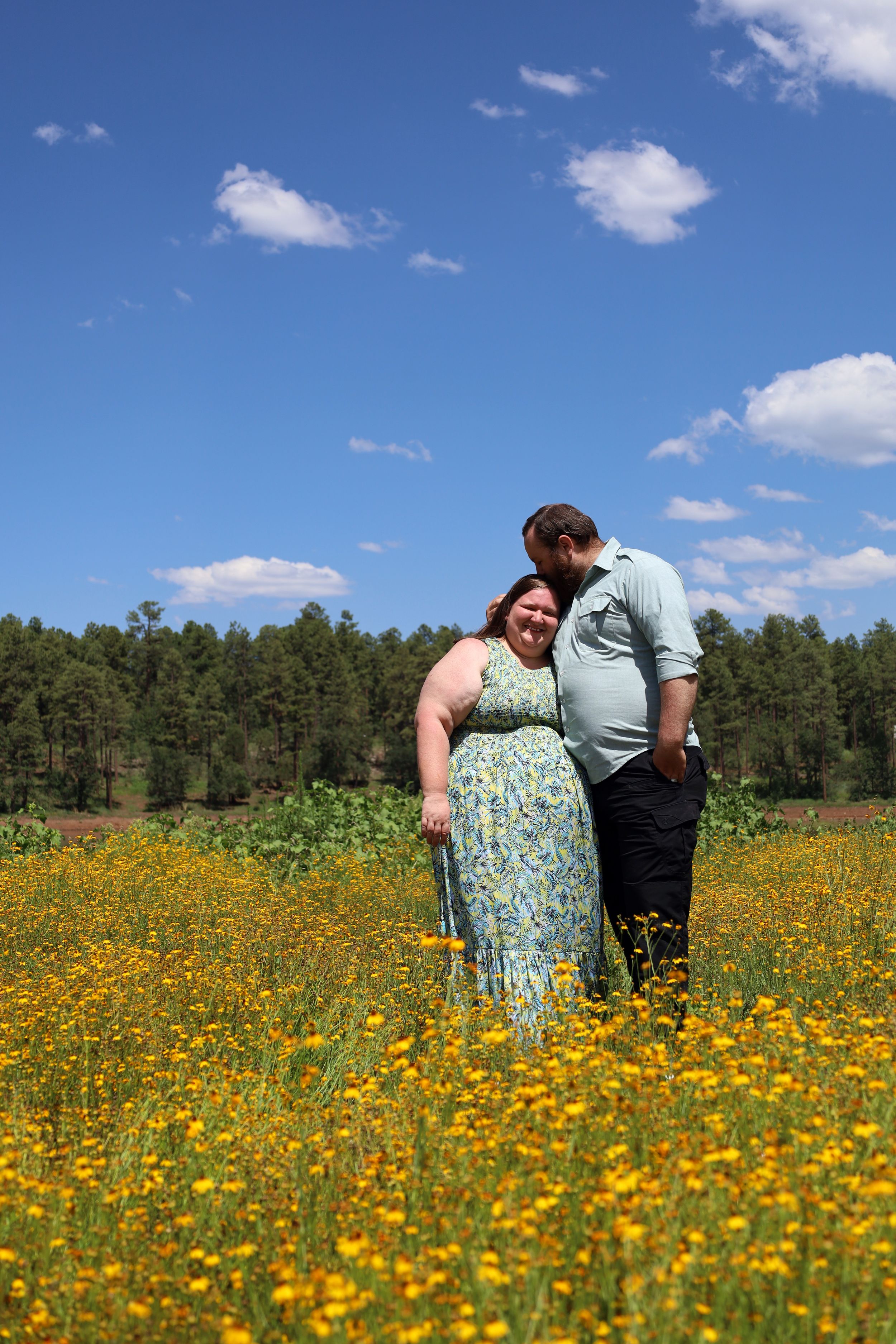 A couple embraces in a vibrant yellow wildflower field under a bright blue sky with pine trees.