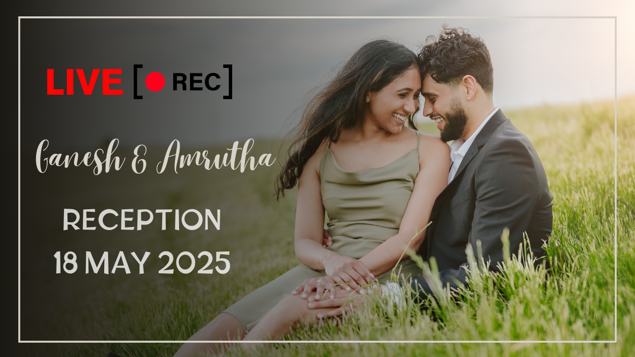 Wedding reception announcement banner showing couple in grassy field with event details for May 2025.