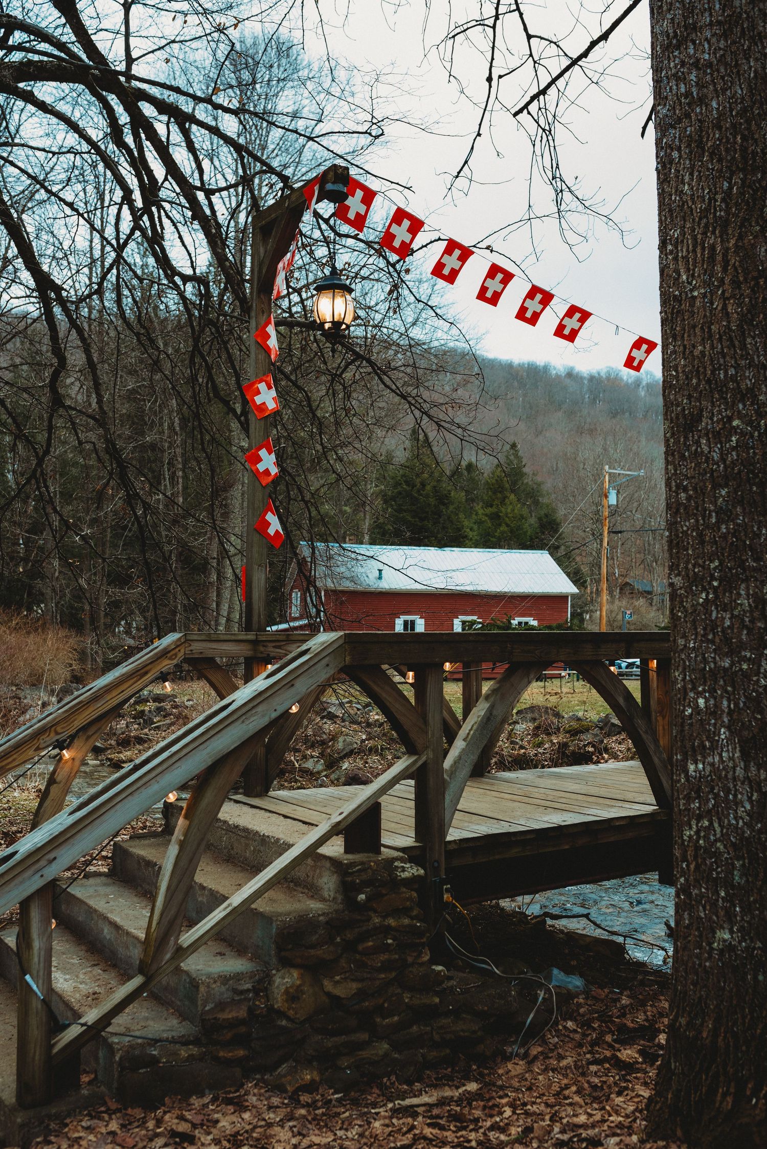 Decorative red lantern string lights arching over wooden bridge in winter forest.