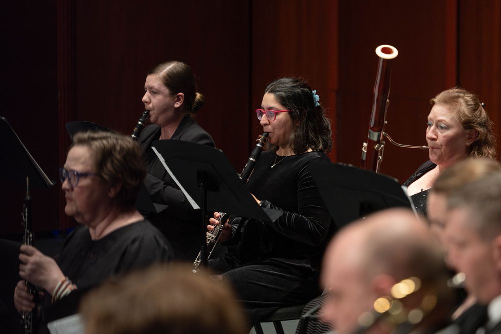 Woodwind musicians playing clarinets and bassoons during a professional orchestral performance on stage.