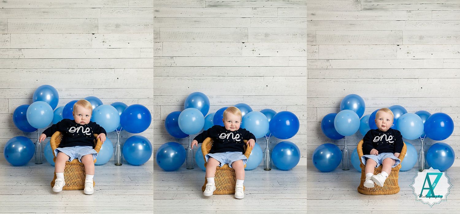 A sequence of three snapshots showing a baby sitting in front of blue balloon arrangements against a gray backdrop.