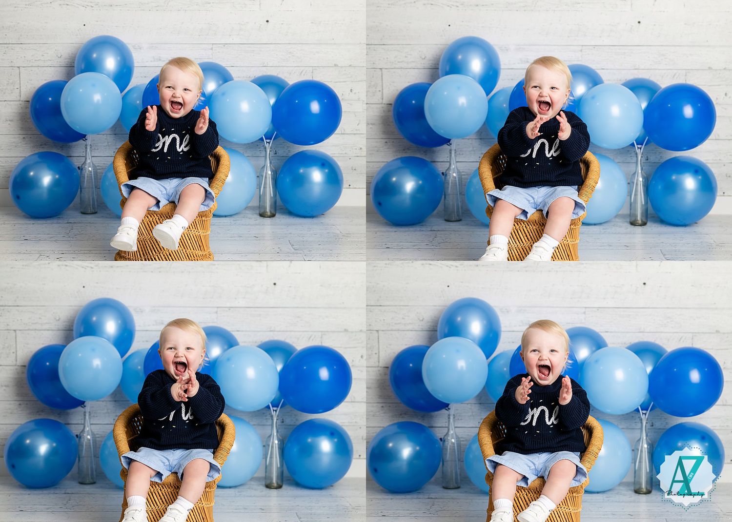 Four photos of an excited toddler sitting against a backdrop of blue balloons.