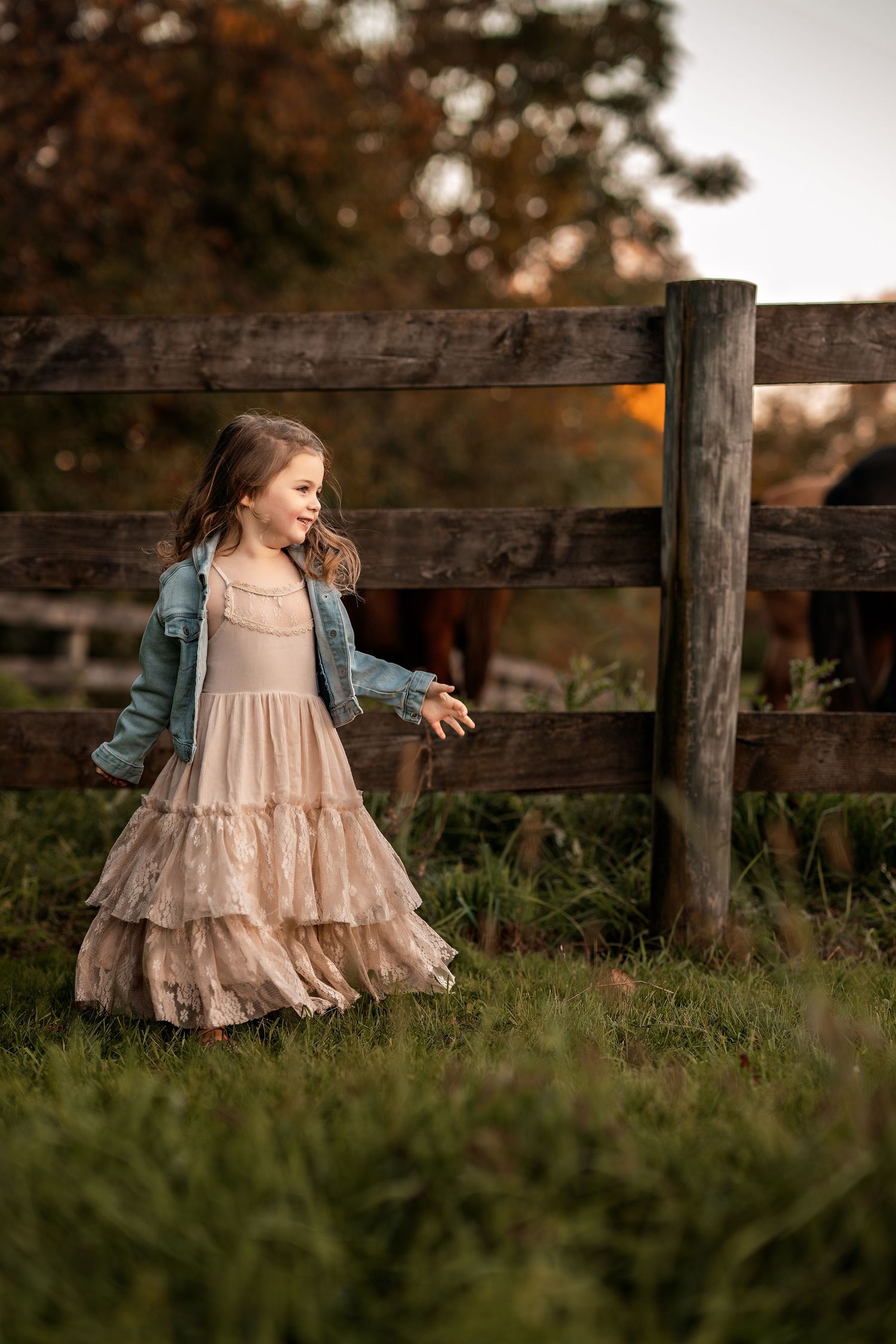 A young girl in a ruffled beige dress and teal sweater stands by a rustic wooden fence at sunset in tall grass.