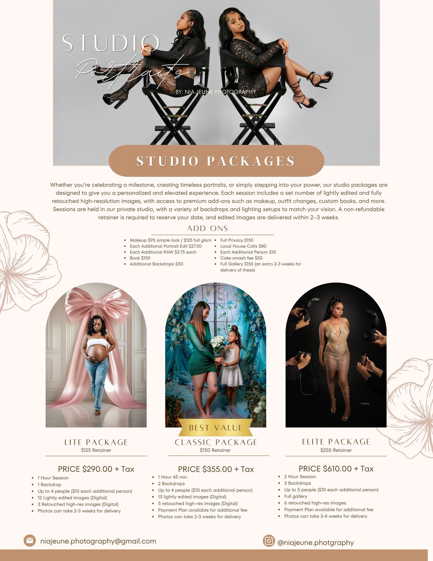 Studio photography pricing template with dark theme showing various portrait package options.
