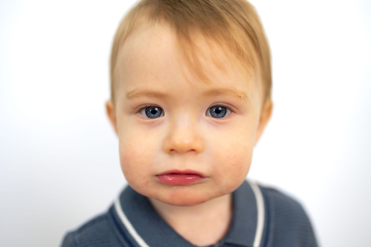 Close-up portrait of a cute toddler boy with blue eyes and blonde hair wearing a gray polo shirt.