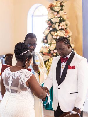 Elegant wedding celebration with couple toasting during ceremony in front of decorated Christmas tree.