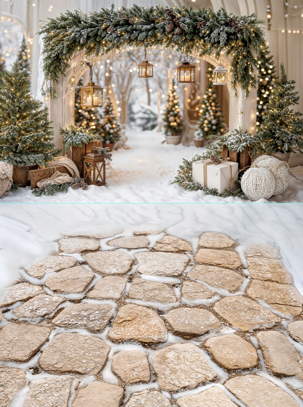 Winter wonderland scene with Christmas directional signs and decorative snowy trees.