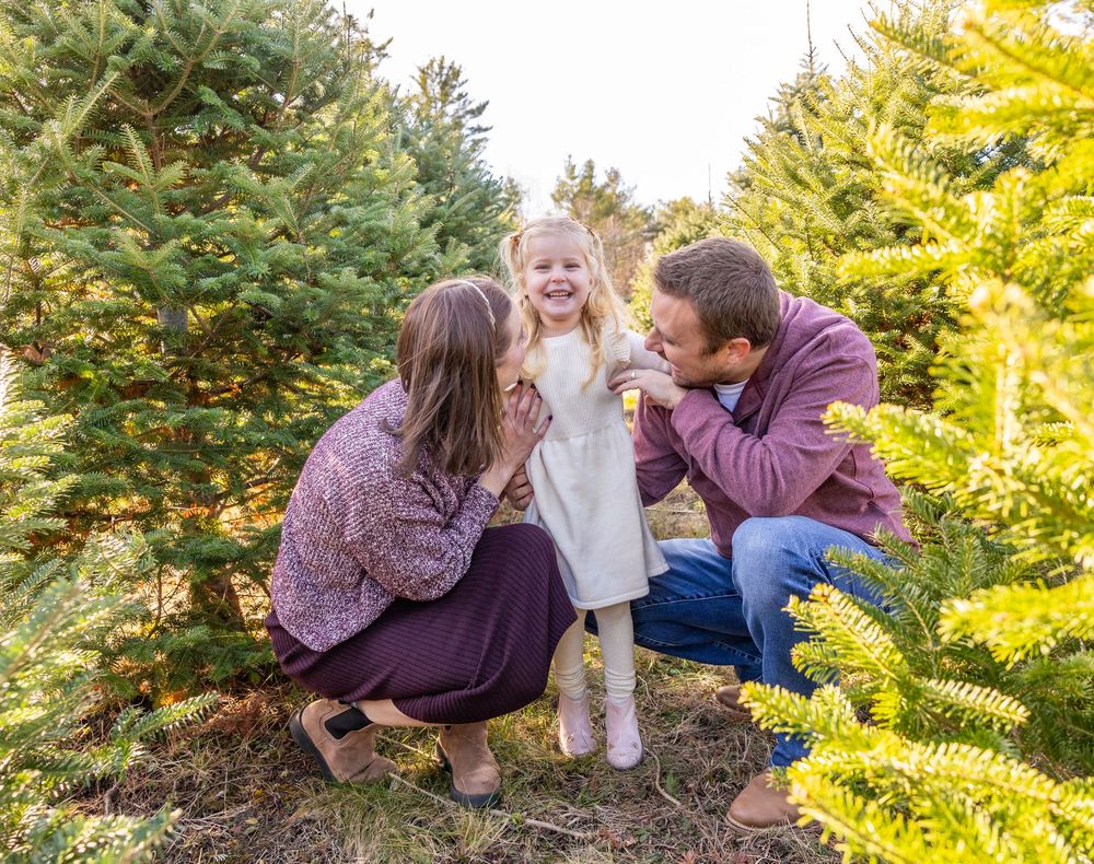 A family sits together on a grassy hill during golden hour in a series of candid outdoor photos.