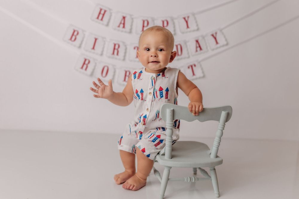 A series of birthday photos showing a happy baby in a white chair with a birthday banner in the background.