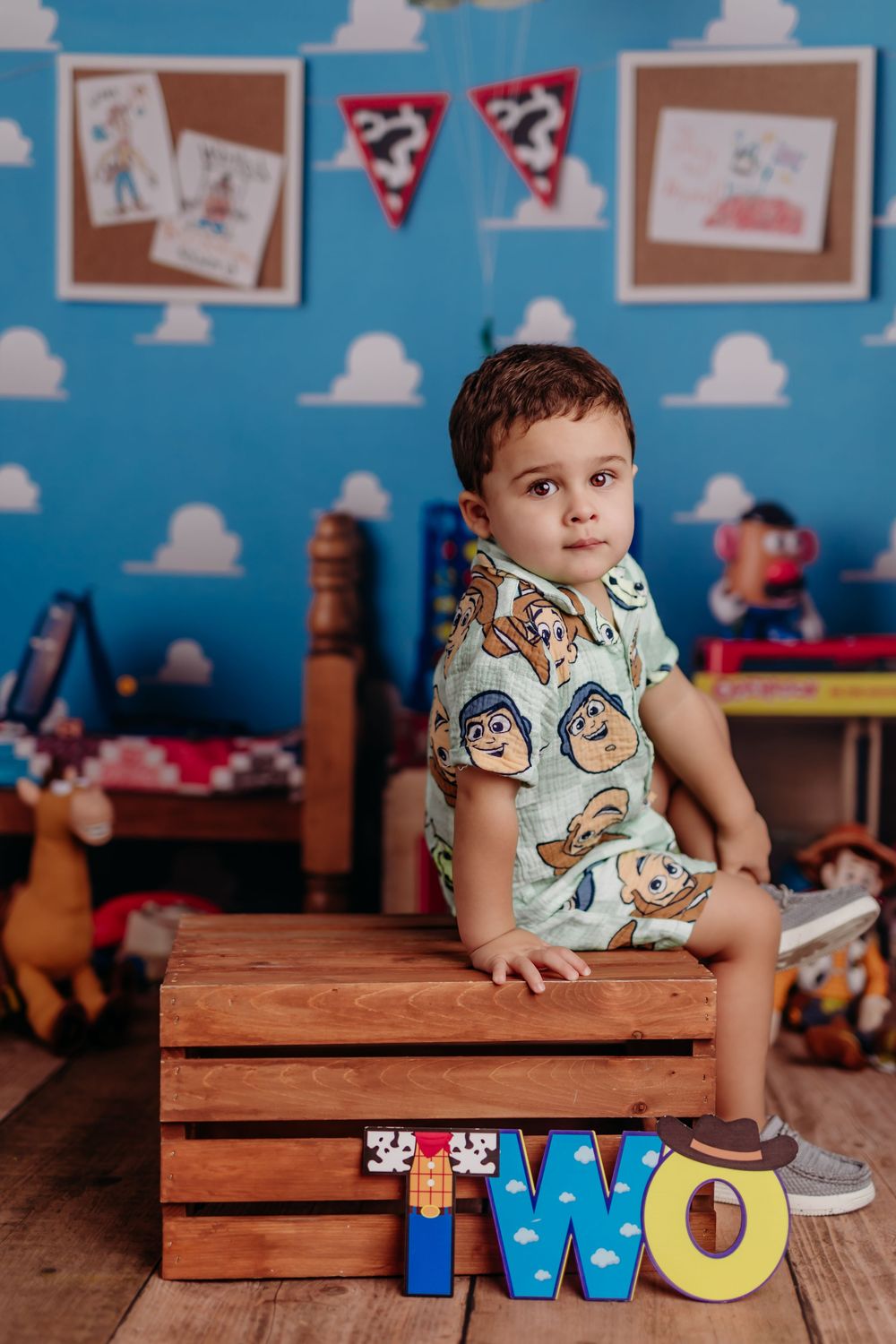 Sweet second birthday photo setup with wooden crate, decorative TWO letters, and toy story themed backdrop.