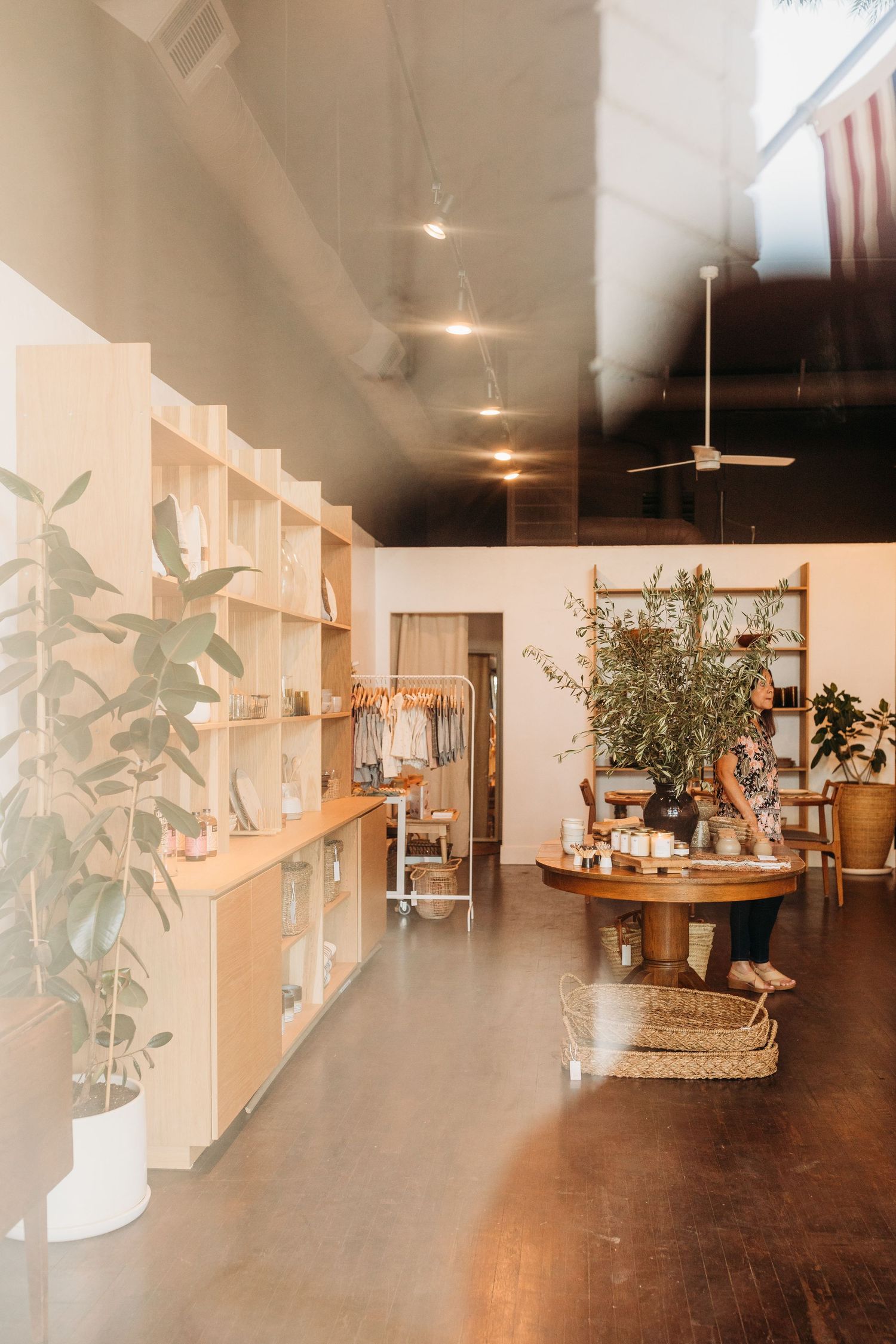 Modern minimalist shop interior with wooden shelves and natural lighting.