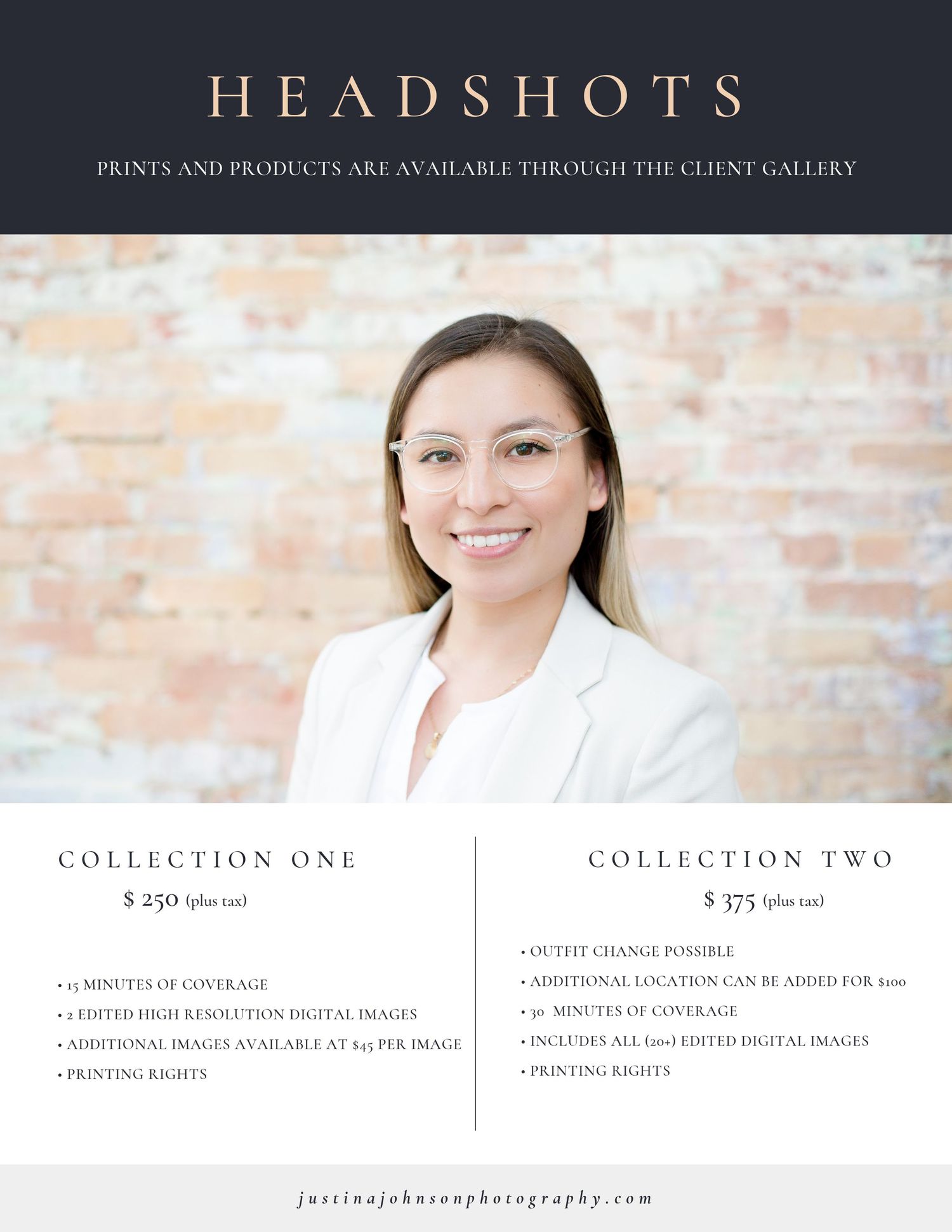Professional headshot photography pricing menu with collection options displayed on dark header against brick wall background.
