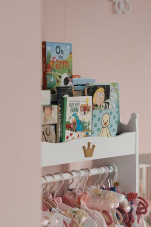 Children's books displayed on a white crown-decorated shelf above pink clothes hangers in a nursery.