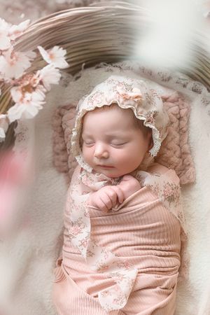 Peaceful newborn wrapped in pink lace bonnet and swaddle sleeps among delicate floral accents in the Hudson Valley,NY.