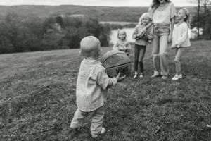 A collection of vintage black and white photographs showing children playing outdoors in a rural setting.