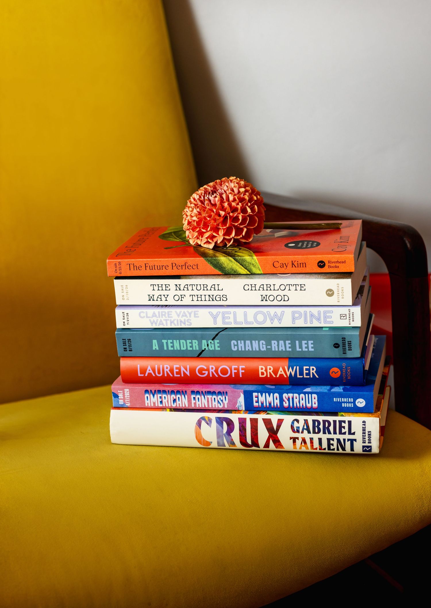 Stack of contemporary novels with a red strawberry on top against yellow and white background.