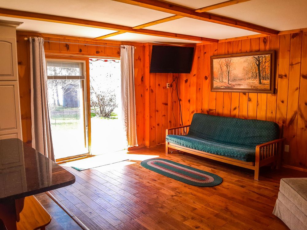 Wood-paneled living room with teal futon, sliding glass door, and hardwood floors.