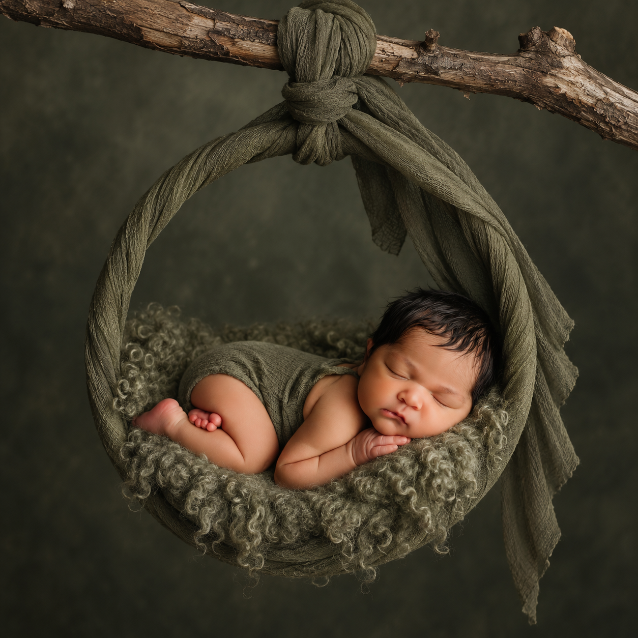 Newborn baby sleeping peacefully in a green fabric hoop swing, nestled in soft wool, hanging from a rustic branch.