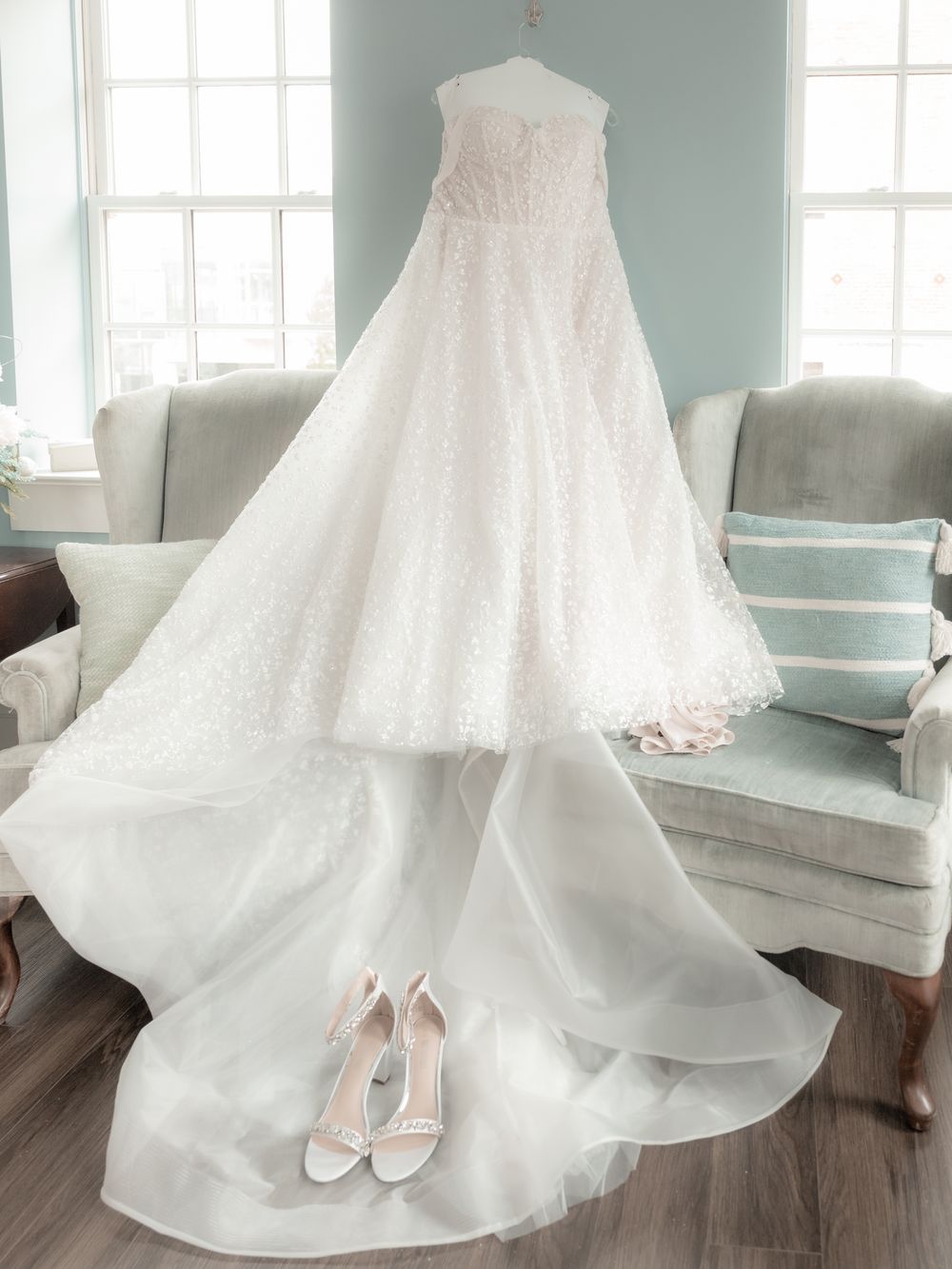 a brides dress before she slips into it on her wedding day.