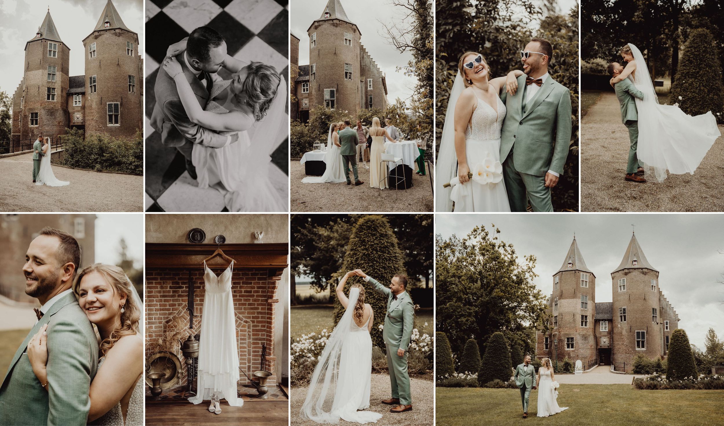 A romantic wedding photo collage featuring church architecture, outdoor portraits and candid moments in warm earth tones.