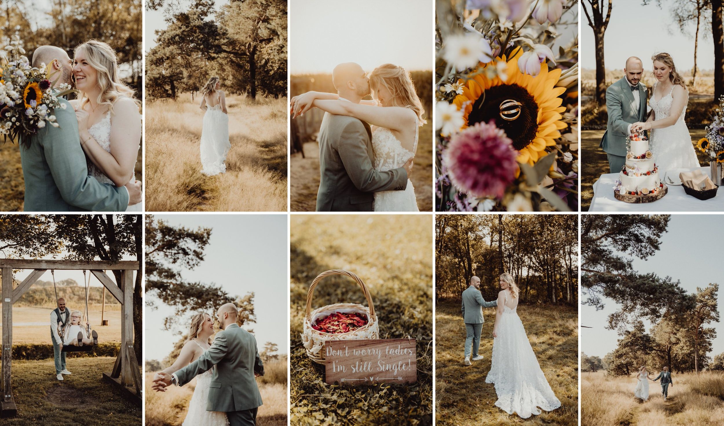 Wedding photo collage featuring outdoor shots, sunflowers, and romantic moments.