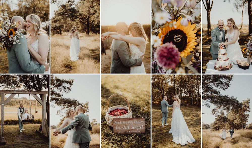 Wedding photo collage featuring outdoor shots, sunflowers, and romantic moments.
