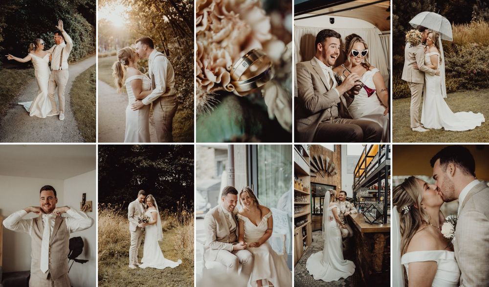 Wedding photo collection showing intimate moments and portraits in vintage tones.