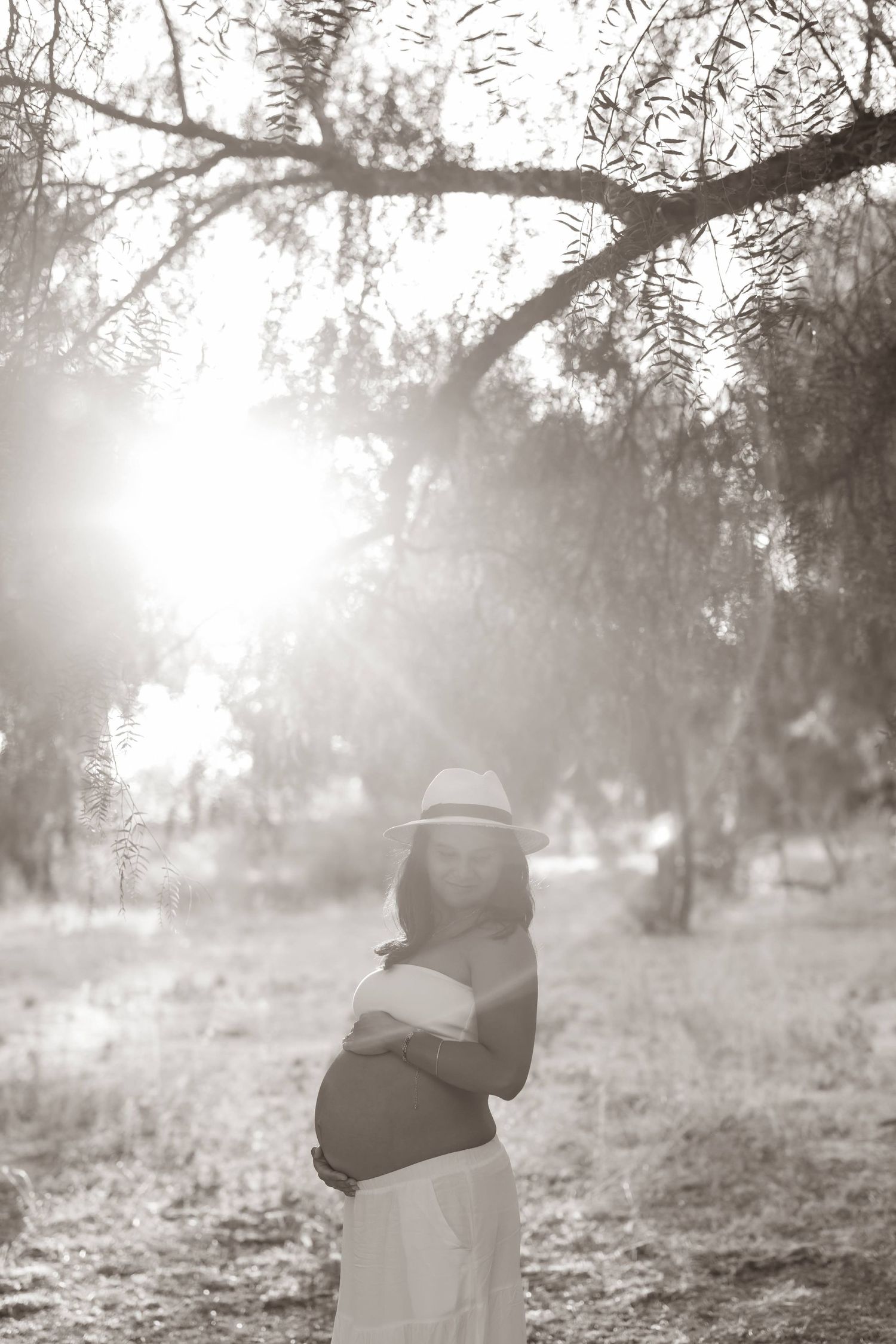 A silhouetted figure in a sunlit field cradles their pregnant belly while wearing a sun hat on a misty morning.
