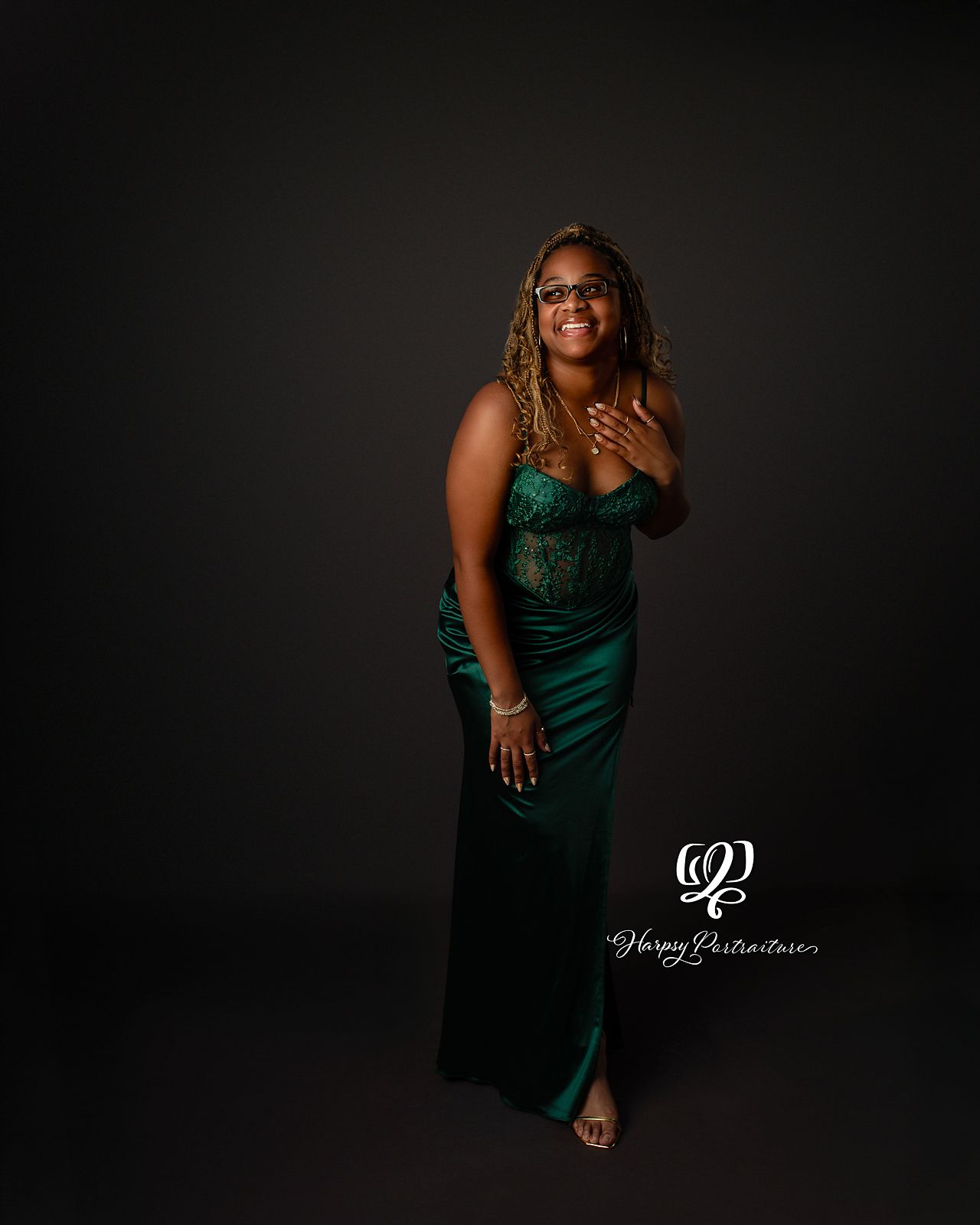 Prom photo Senior teen girl wearing emerald prom dress in studio senior photography session; Lexington, SC photography studio