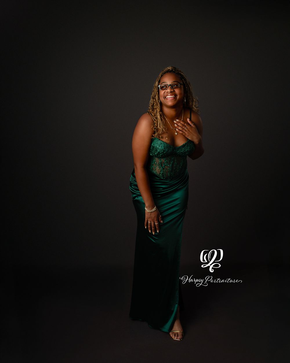 Prom photo Senior teen girl wearing emerald prom dress in studio senior photography session; Lexington, SC photography studio