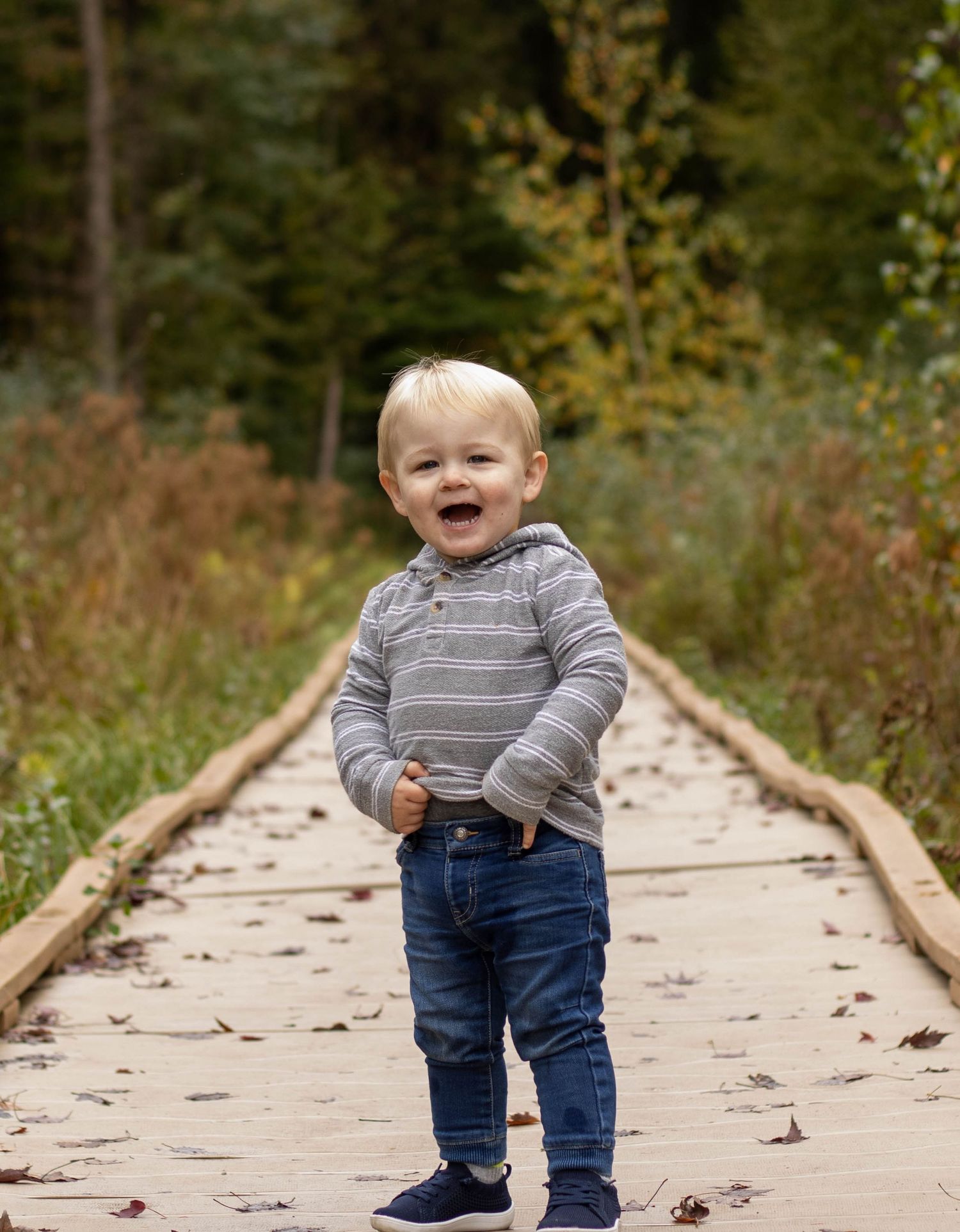 A small child in striped shirt and jeans stands on a wooden boardwalk path through an autumn forest.