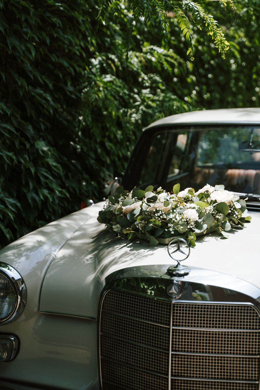 White floral decorations adorn the hood of a classic Mercedes-Benz car.