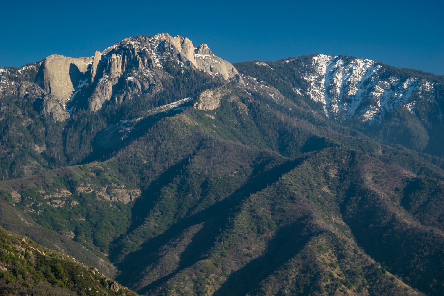 Snow-capped mountain peaks rising dramatically against vivid blue sky in Sequoia National Park.