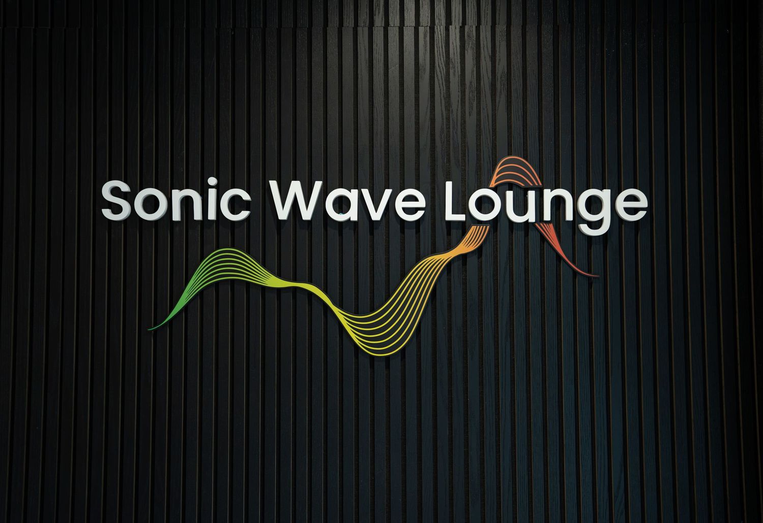 Sonic Wave Lounge logo with green and yellow wave design on black wall.