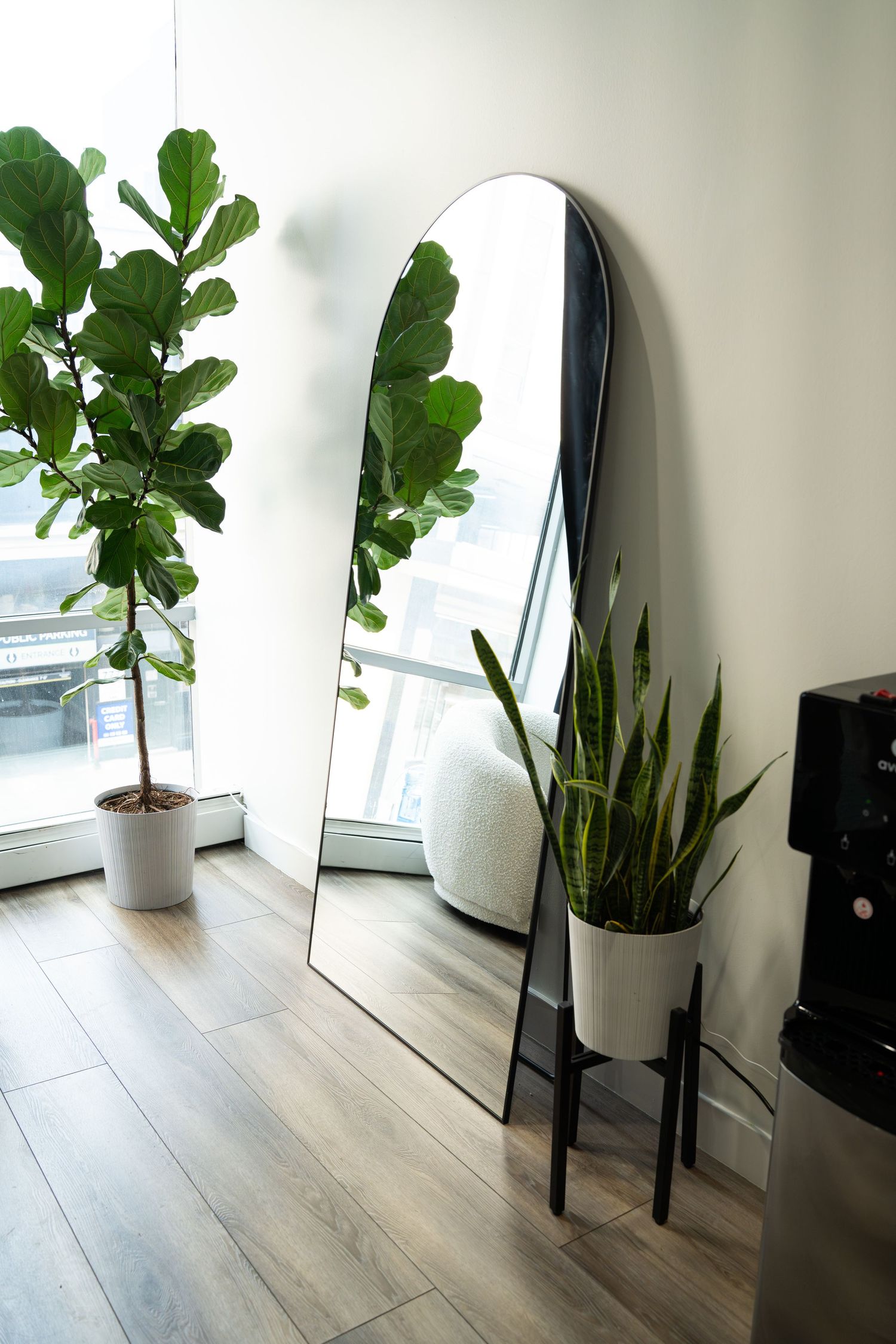 Modern floor mirror reflecting indoor plants and natural light in a minimalist room setting.