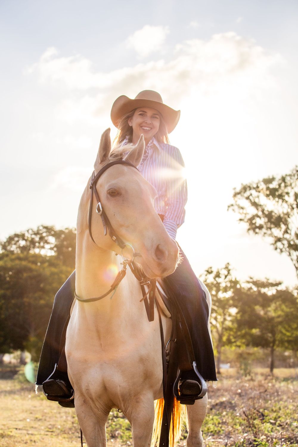 Palomino horse and rider in western attire backlit by golden sunlight in a rural pasture at sunset.
