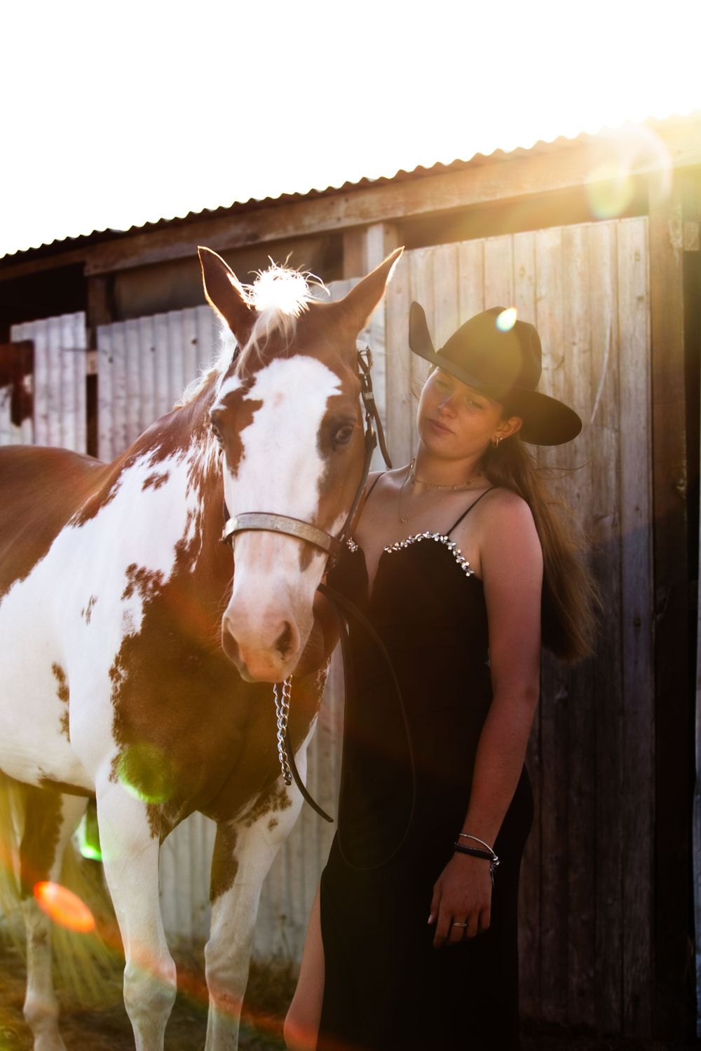 A paint horse stands next to someone in a black dress and cowboy hat as golden sunlight streams through at sunset.