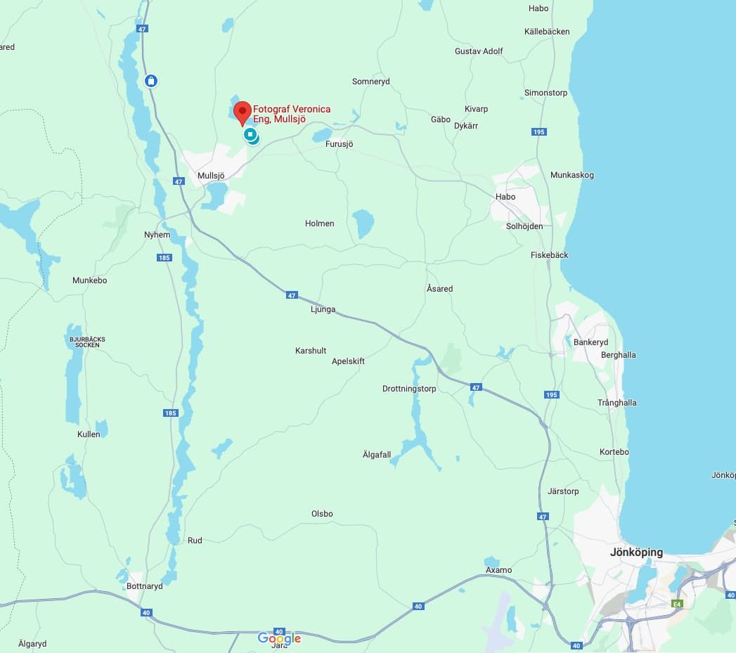 Google maps karta visar vägen till Fotograf Veronica Eng i Mullsjö/Jönköping