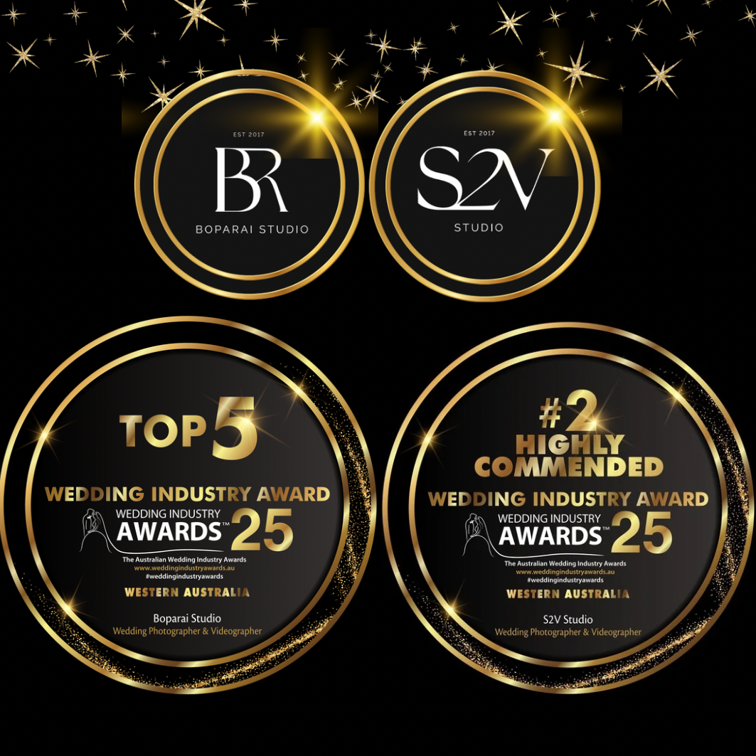 Three golden luxury brand award badges on dark green background.