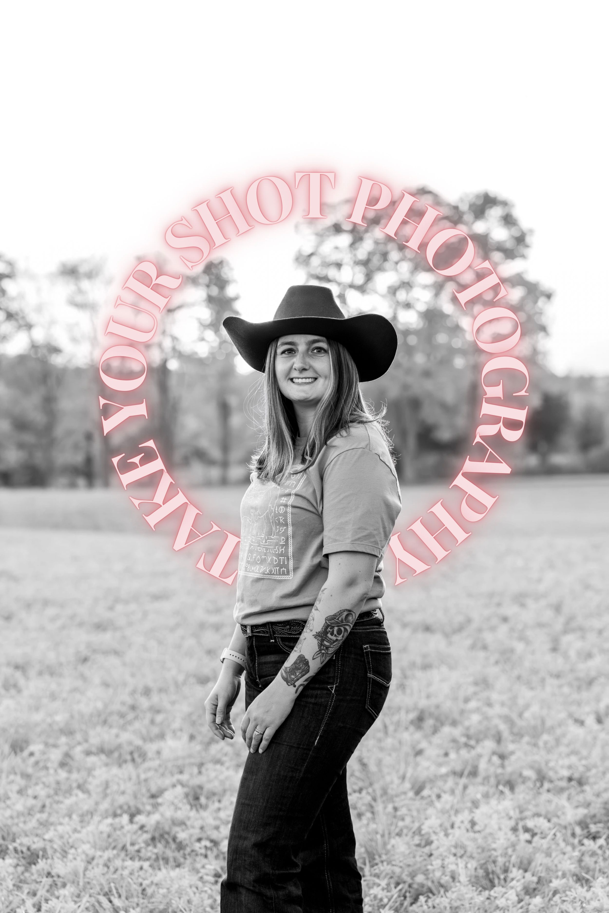 A black and white portrait with circular text overlay in rustic country style.