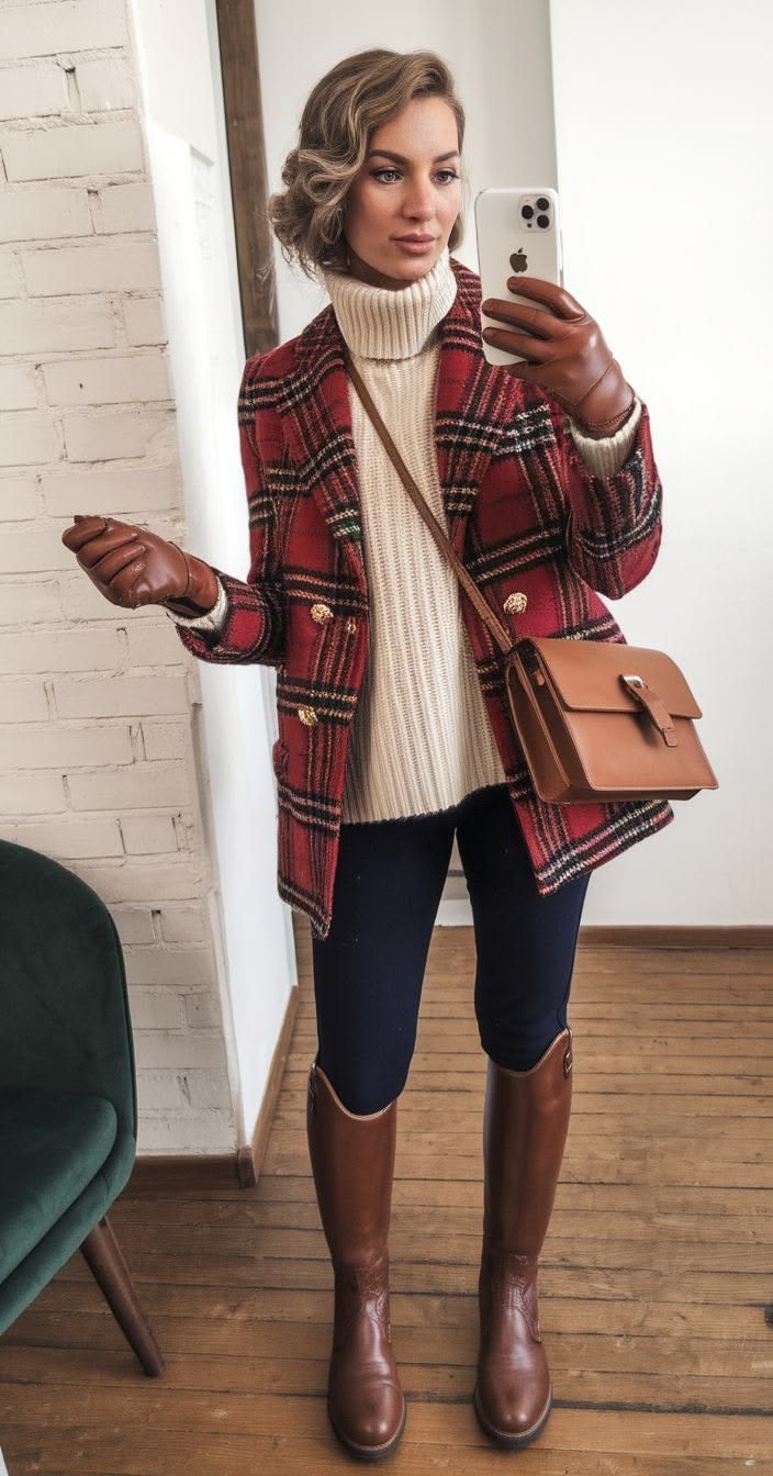 Woman in red plaid blazer, cream turtleneck, navy leggings, brown knee-high boots, holding phone for mirror selfie.